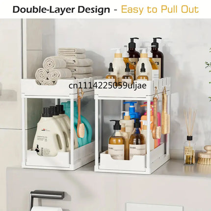 Double-layer pull-out kitchen storage rack multi-functional organizer, shelf, suitable for kitchen sink storage