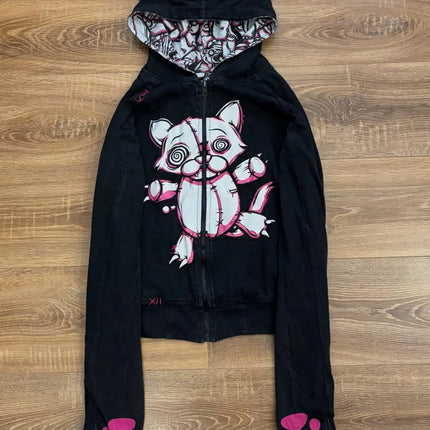 New Japanese Subculture Cat Ear Zipper Hoodie European and American Original Doll Print Cute Cool Double-sided Wearing Jacket