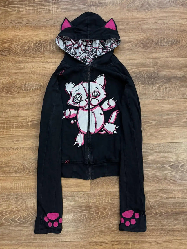 New Japanese Subculture Cat Ear Zipper Hoodie European and American Original Doll Print Cute Cool Double-sided Wearing Jacket