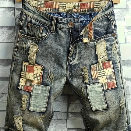 Men's denim shorts with summer frayed elastic men's casual pants slim-fit European-style shorts tight and worn-out men's pants