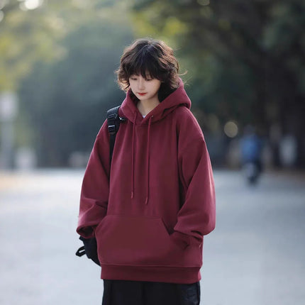 Retro Japanese Style Heavyweight Solid Color Hoodie Unisex Autumn Winter Casual Loose Warm Couple Inner Wear Top Coat