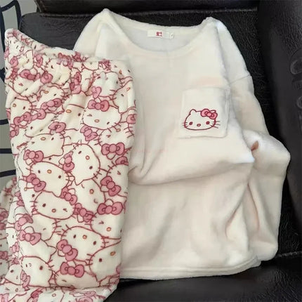 Kawaii Sanrio Hello Kitty Pajamas Cartoon Soft Plush Female Flannel Winter New Plus Velvet Thick Sweet Warm Tracksuit