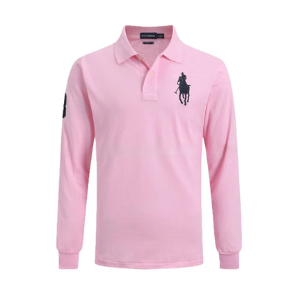 Long Sleeve Pure Cotton Polo Shirt Men's Embroidered Polo Neck T-Shirt Casual Spring Autumn British Style Loose Fit Solid Color
