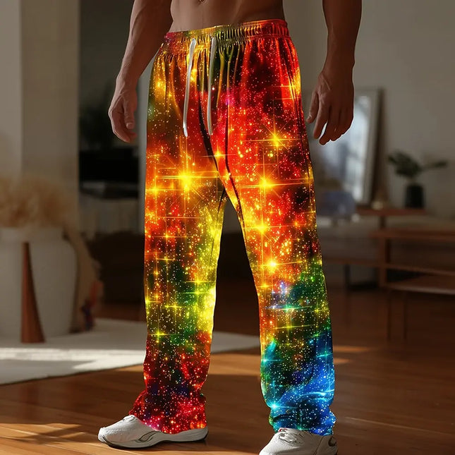 Christmas Men's Sparkling Glitter Christmas Light Pants Trousers Casual Pants Mid Waist Drawstring Casual Straight Leg Trousers