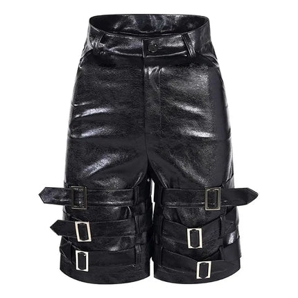 Mauroicardi Spring Summer Black Pu Leather Shorts for Men with Many Belt Mens with High Waist Short Straight Pants Clothes 2025