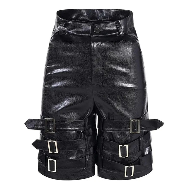 Mauroicardi Spring Summer Black Pu Leather Shorts for Men with Many Belt Mens with High Waist Short Straight Pants Clothes 2025