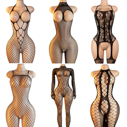 Sexy Big Loophole Open Bra BodySuits Erotic Crotchless Lingerie Women Fishnet Hollow Exposed Breast Adult Plus Size Underwear