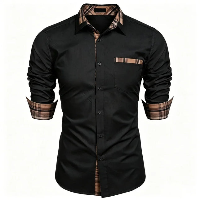 Men's shirt checkered contrasting long sleeved shirt, business casual button up shirt, personalized and trendy men's clothing