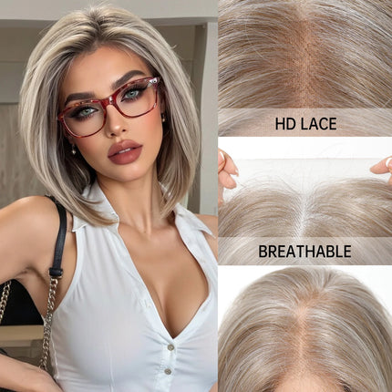 Topshe 13x6 HD Lace Frontal Bob Wig Ash Gray Pre-Plucked Natural Hairline Hand-Woven Undetectable Realistic Synthetic Wigs