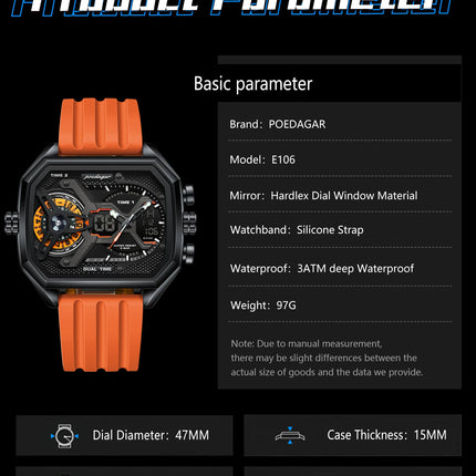 POEDAGAR Sports Men Wristwatch Date Week Chronograph Luminous LED Man Clock Silicone Strap Electronic Men's Quartz Watches Reloj