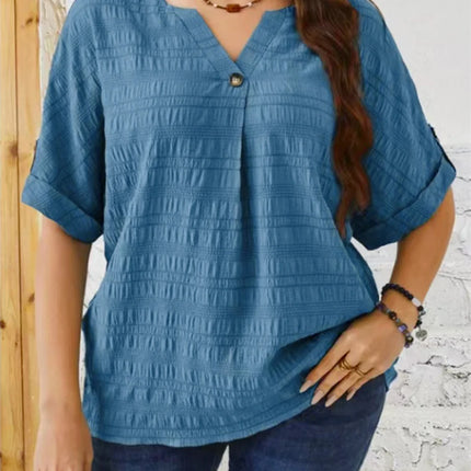 GIBSIE Plus Size Solid Button Detail Notch Neck Blouse Women Fashion 2025 New Summer Half Sleeve Casual Loose Blouses Tops