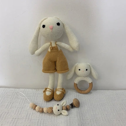 1 Set DIY Crochet Bear Baby Teether Newborn Bunny Rattle Toy Wooden Molar Teething Ring Pacifier Clips Chain Set Baby Stuff