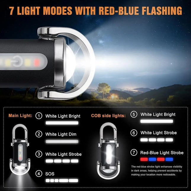 Rechargeable Mini Keychain Flashlight COB Working Light with Outdoor Hook Emergency Warning Light for Camping Walking Hiking