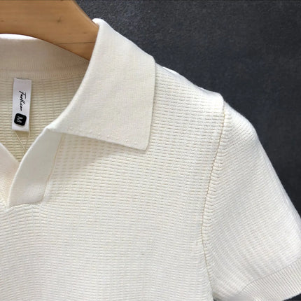 Men's Polo Neck Short Sleeve Knitted Sweater Slim Fit Summer Fashion Turn-down Collar Base Shirt Casual Style Pure Color