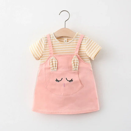 Summer Baby Cartoon Cat Dress Striped Short Sleeve Top Suspended Princess Dress 0-3 Year Old Girls' Clothing