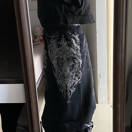 vintage style printing black baggy jeans harajuku trend men women hip hop fashion casual Joker couple Wide-leg pants streetwear
