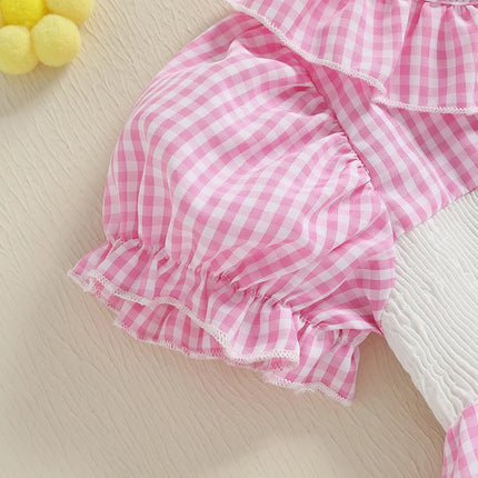 Citgeett Summer Infant Baby Girl Sweet Plaid Bodysuit Short Puff Sleeve Collar Bunny Embroidery Jumpsuit Clothes