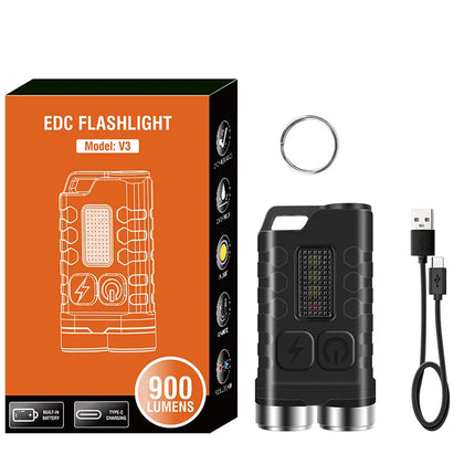 V3 EDC Flashlight Mini Keychain 900LM Super Bright Multifunctional LED Torch USB Rechargeable Waterproof Camping Lantern