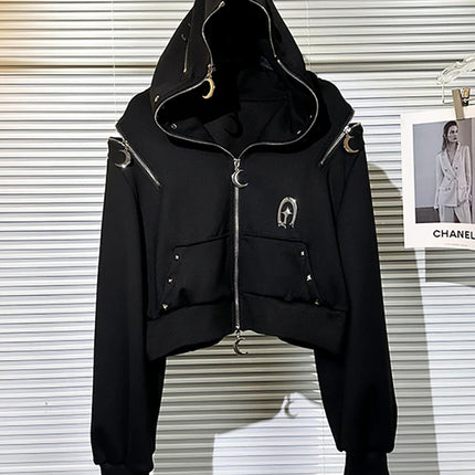 Y2K Subculture Dark Style Hot Girl Hooded Sweatshirt Jacket for Women Autumn Winter New Zipper Off-Shoulder Loose Top