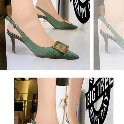 2024 Autumn Women Soft Leather Slingback Shoes Thin High Heels Office Dress Fashion Hollow Pointy Toe Gentle Sandals 8999-5