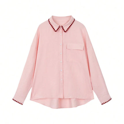Fall New Arrivals Women's Stylish Contrast-Trim Oversized Casual Long-Sleeve Shirt 2025 New Collection