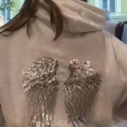 Women's Shinny Sequin Angel Wings Hooded Jacket Pant Long Sleeve Loose Casual Hooded Pullover 2025 New Lady Y2K Autumn Outwears