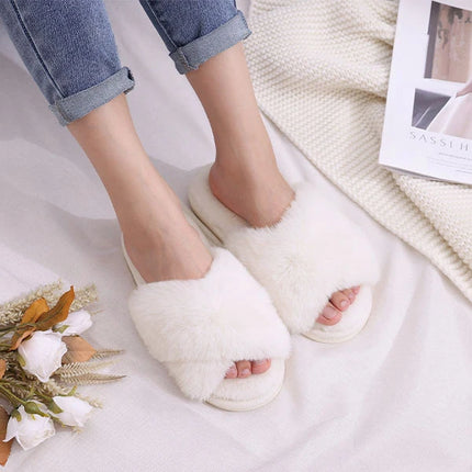 Evshine Women Fuzzy Slippers Fashion Cross Band Memory Foam House Slippers Indoor Outdoor Open Toe Plush Slides Casual Flat Shoe