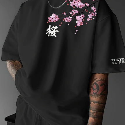 Summer Men Cherry Blossom Pattern Japanese Style Loose-Tee Shirt Suitable for Daily Wear 100% Cotton Material Trendy Versatile