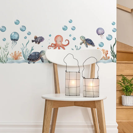 Watercolor Cartoon Ocean Fish Animal Wall Sticker Living Room Bedroom Sea Life Beach Landscape Wall Decal Home Decor