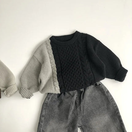 2024 Autumn New Children Long Sleeve Knit Sweater Vintage Girls Patchwork Sweater Kids Boys Cotton Knitted Pullover Baby Clothes