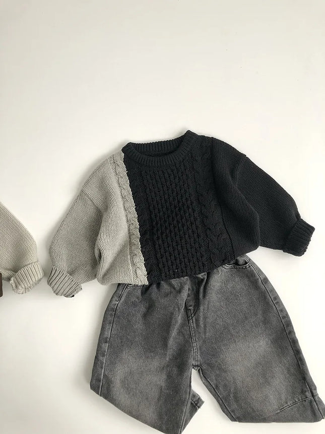 2024 Autumn New Children's Long-Sleeve Knit Sweater Vintage Girls' Patchwork Sweater Kids Boys' Cotton Knitted Pullover Baby Clothes