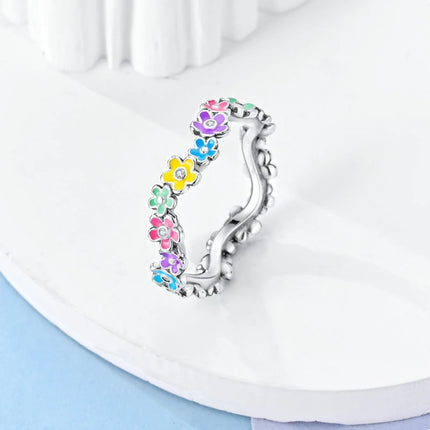 Original 925 Sterling Silver Rings Colorful Oil Drip Flower Rings For Women Girls Jewelry Birthday Anniversary Gifts