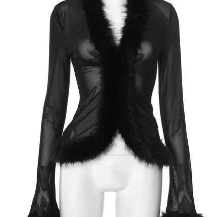 Weird Puss Sexy See Through Cardigan Tops Women Fluff Patchwork Skinny Full Sleeve Navel Exposed Hottie Wild Style Streetwear