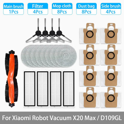 For Xiaomi Robot Vacuum X20 Max / D109GL Parts Accessories Main Brush Side Brush Hepa Filter Mop Cloth Dust Bag Replacement