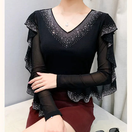 2025 Autumn New Style Mesh Tops Korean Fashion Round Neck Ruffles Shirt Lotus Leaf Edge Hot Diamond Long Sleeve Women T-Shirt