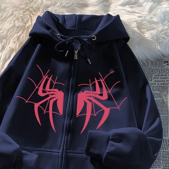 Retro American Spider Print Fleece Hoodie Loose Autumn Winter New Trendy Brand High Street Jacket Women's Casual Wear
