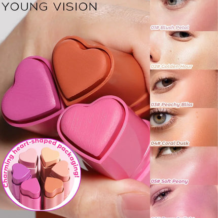 YOUNG VISION 6-Color Matte Heart Blush, Contour Stick, Face Sculpting Mousse Blush, and Lipstick 3-in-1, gift 1pcs makeup brush
