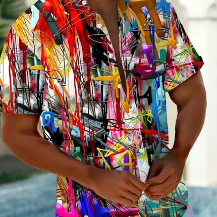 Men's Summer Casual Shirt Vibrant 3D Print Graffiti Art Short Sleeves Lapel Button-Up Top Stylish Streetwear Colorful Shirt Man