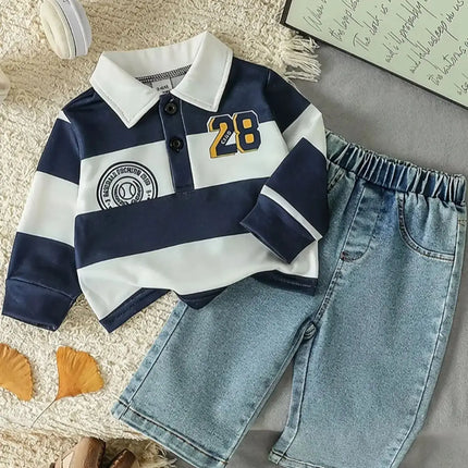 Four-Season Style Baby Boy Striped Polo Shirt + Denim Pants, Classic and Timeless Striped Design, Suitable for Everyday Wear and Outings