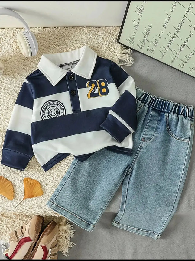 Four-Season Style Baby Boy Striped Polo Shirt + Denim Pants, Classic and Timeless Striped Design, Suitable for Everyday Wear and Outings