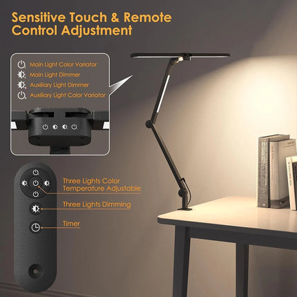24W LED Clip Desk Lamp with Remote Control Rotatable 3 Head Stepless Dimming Eye-Caring Reading Desk Lamp for Office PC Studying