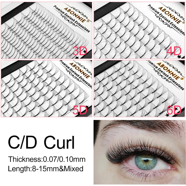 Abonnie 3D/4D/5D/6D Premade Volume Fans Fluffy Lashes Long Stem Russian Volume Eyelash Extensions All Size Fans