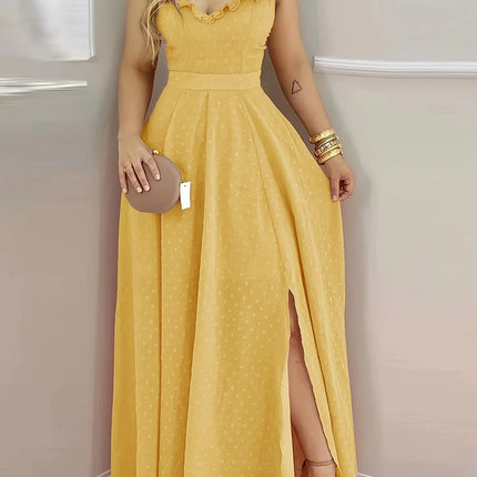Women's Yellow Polka Dot Maxi Dress Ruffled Neckline Back Tie Side Slit Ideal for Summer Vacations and Bohemian Gatherings