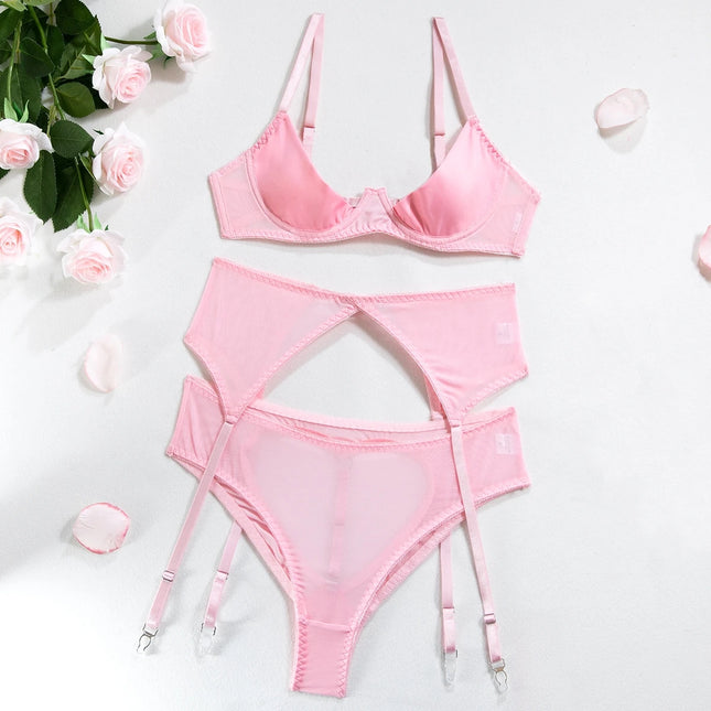 Plus Size Women Transparent Open Bra+Panty+Garter Kit Fancy Babydoll Cosplay Porno Sexy Underwear Underwire Bra Set