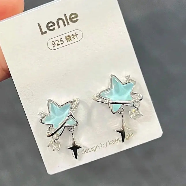 Kpop Y2K Blue Crystal Star Pendant Earrings for Women Exquisite Elegant Zircon Bowknot Pentagram Earrings Jewelry Birthday Gifts