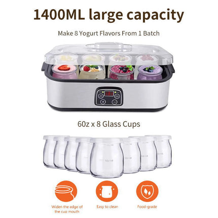 1.4L Electric Yogurt Maker Adjustable Temperature Time Yogurt Maker Machine with 8pcs Yogurt Jars for Milkshake Jam Ice Cream Pu