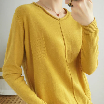 2023 Autumn/Winter Women's New Pullover Casual Solid 100% Cotton Knitted V-Neck Loose Sweater Fashion Soft Breathable Top
