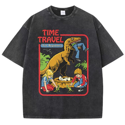 Stealing Dinosaur Baby Caught Washed Retro Men's T-Shirts Cotton Casual Short Sleeve Fashion Breathable Loose Oversized T-Shirt