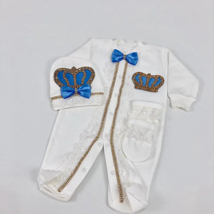 Original UK Prince Take Me Home Outfit Baby Crown Jewels set Baptism Bling Outfit Rubybelleb Light Blue 3pcs Layette Swaddle Set