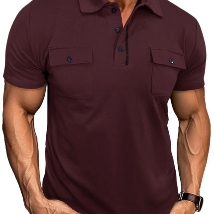 Summer Men's Short-Sleeve Polo Shirt Casual Solid Color Turn-Down Collar T-Shirt Pullover Top Henley Shirt with Pockets